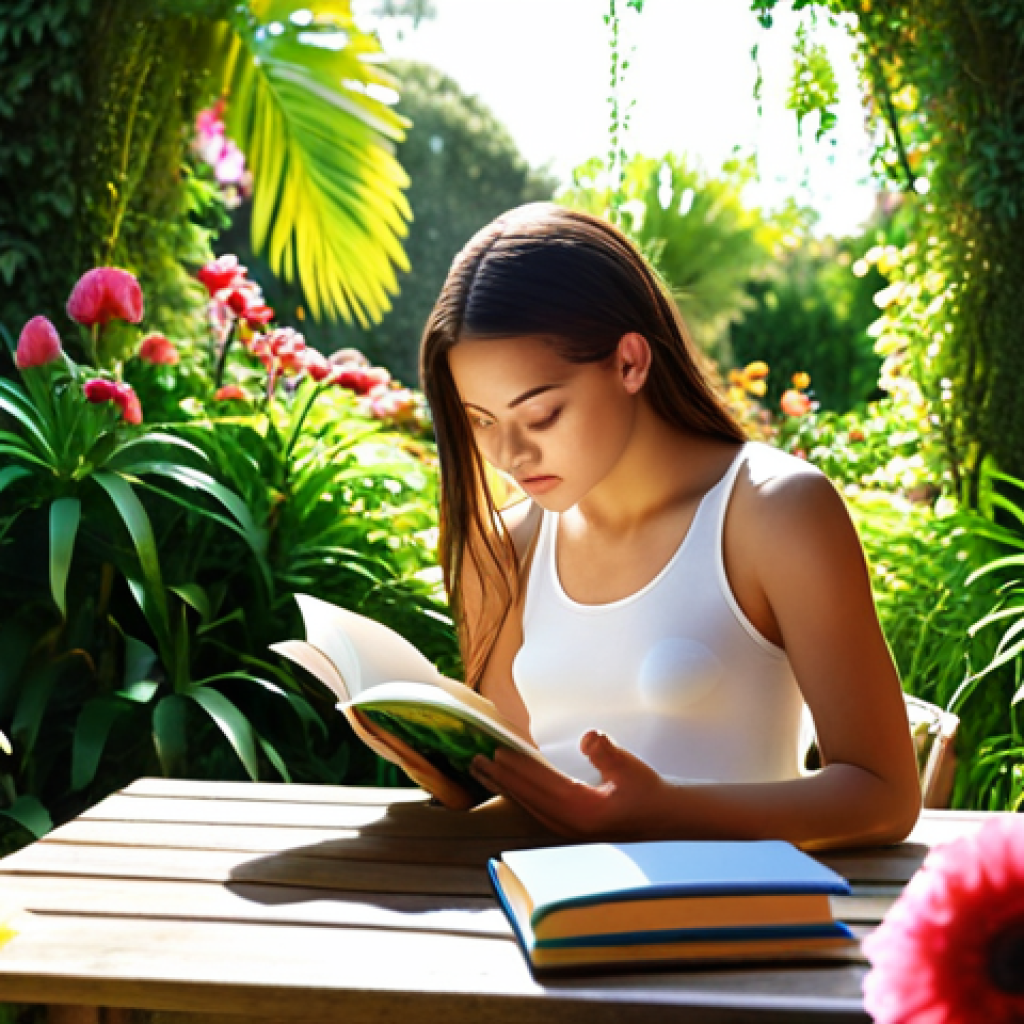 **

A person peacefully reading a physical book in a sunlit garden filled with lush greenery, surrounded by vibrant flowers. The scene evokes a sense of tranquility and escape from digital devices. Focus on the textures of the paper, plants, and natural light.

**
