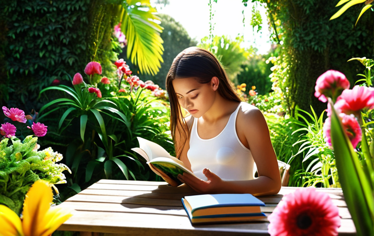 **

A person peacefully reading a physical book in a sunlit garden filled with lush greenery, surrounded by vibrant flowers. The scene evokes a sense of tranquility and escape from digital devices. Focus on the textures of the paper, plants, and natural light.

**
